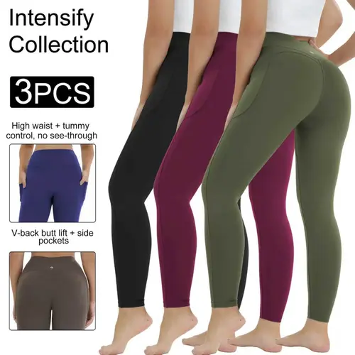 Women's 3PCS High-Waist Yoga Leggings with Pockets, Back Butt-Lifting, Tummy Control, Non-See-Through Athletic Yoga Pants for Workout, Running