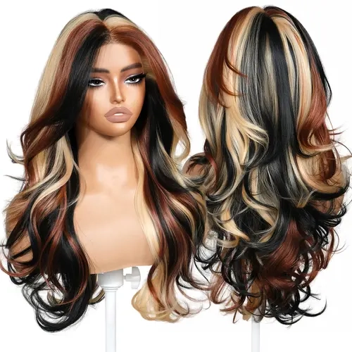 BrownBomb Calico 24in Synthetic Lace Front Body Wavy Wig - 13*6 HD Lace, Lightweight Glueless, Pre-Cut, Pre-Plucked Face-Framing Bangs, Perfect Free Part, Heat Resistant Fiber, Realistic for Daily Wear, Summer Events, Synthetic Wigs