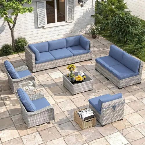 French Country 10-Seat L/U Shape Modular Outdoor Furniture Set - 360° Swivel Rock Chairs, 4” Thick Cushions, Dual-Strand Weave Wicker Rattan, Rust-Resistant Steel Frame, Navy All-Weather Resin, Storage, 3-Package Delivery, Pool Deck, Garden