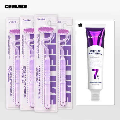CEELIKE S-Shaped Oral Toothbrush 2-Pcs Set - Ergonomic Curved Plastic Handle, Soft Bristles for Deep Teeth Cleaning, Back Teeth Reach, Unscented Non-Mechanical Dental Brushes for Adults' At-Home Daily Oral Care