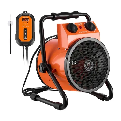 VEVOR 1500W Fast Heat Electric Greenhouse Heater with Thermostat, Fire-Resist Tube, 25° Angle Aim, IPX4 Rated, Overheat Shut-Off, Fan+Heat Modes, Heat+Ventilate Function, Durable Plastic System, Portable Handle for Grow Tent, Home Use