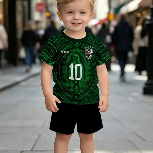 Boys' Toddler Soccer Ethnic Mexican Theme Football Set, Athletic Clothing Set, Short Sleeve Shorts Two-Piece, Fashion Outdoor Sports, Birthday Gift, Holiday Gift, Sporty Style Clothes
