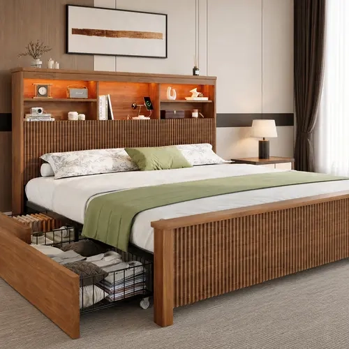 Belffin Classic King-Queen Size Metal Platform Bedframe with Tall Headboard, 4 Under-Bed Drawers, LED Lights, USB & Type-C Ports, 1-Box Easy Ship, Noise-Free, No Box Spring Needed, Ideal Christmas Gift (Bed with Storage Underneath)