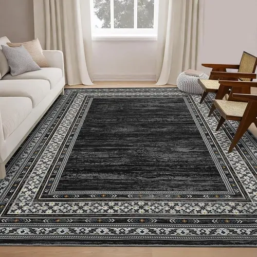 Living Room Rug—Washable Rug Solid Rug Modern Geometric Rugs， Large Washable Rugs， Bordered Carpet Non Slip Decor Carpets for Under Dining Table Bedroom ，Farmhouse Home and Office