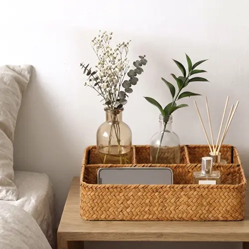 Nonam 4-Section Seagrass Storage Basket, Divided Woven Organizer Bin for Coffee Bar Station, Kitchen Counter, Bathroom Vanity, Desk Drawer, Canasta Organizadora, Cesta de Mimbre, Coffee Pod Holder, Remote Holder, Rustic Boho Farmhouse, Sugar Packet Holder
