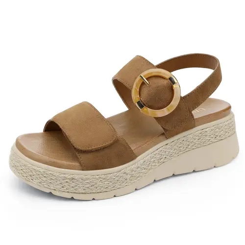 UBFEN Women's Espadrille Platform Sandals - Low Wedge Heel, Orthopedic Arch Support, Wide Fit, Cushioned Insole, Buckle Closure, Espadrille Shoes for Walking, Vacation, Evening, Beach Outfits, Hotels, Resort Areas (Beige, Black, Brown)