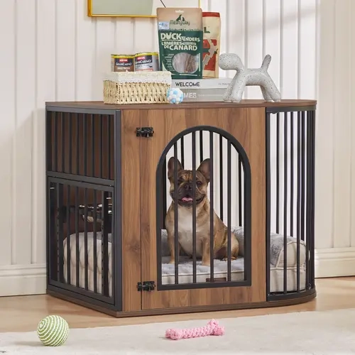 Giratree Dog Crate Furniture, 31.4'' Wooden Indoor Dog Kennel for Small & Medium Dogs Up to 55 lbs, Heavy Duty Dog Cage with Adjustable Feeding Rack, Side Table for Living Room  ： Giratree ，31.4，55，，，
