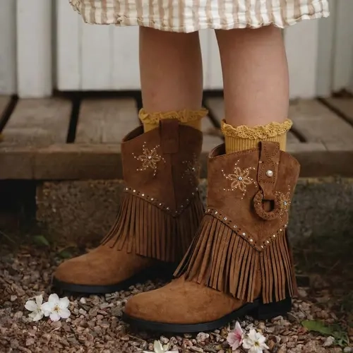 Girls' Suede Western Cowgirl Ankle Booties - Low Heel (1-3 cm), Pull-On, Round Toe, Fringe Design - Toddler Footwear, All Seasons, Casual - for Daughters, Party, Outdoor Use