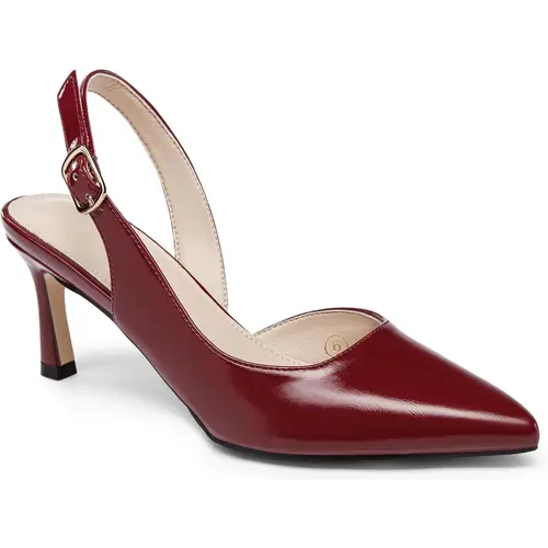 Coutgo Women's Elegant Faux Leather Kitten Heel Slingback Pumps - Pointed Toe, Rubber Sole, Ankle Strap with Buckle, Lightweight All-Season Office Dress Shoes
