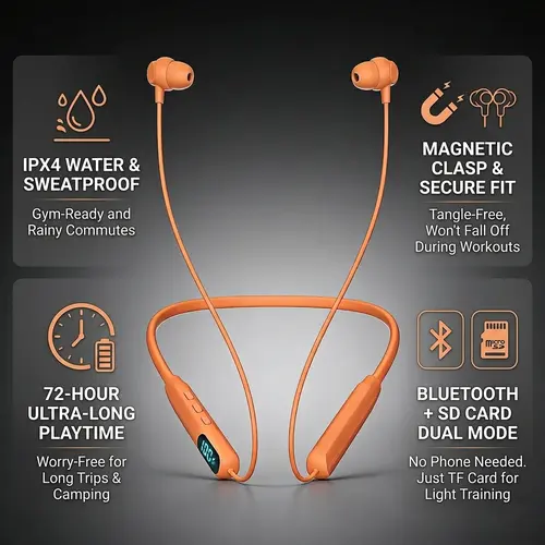 Wireless Neckband Earbuds - 38ms Low Latency Gaming Audio Headset with 72H Playtime, LED Digital Battery Display, IPX4 Waterproof, Magnetic Clasp, SD Card MP3 Player, Secure Grip, Easy-Press Buttons for Sports Use Smart Voice Assistant ENC,Noise, Recordin