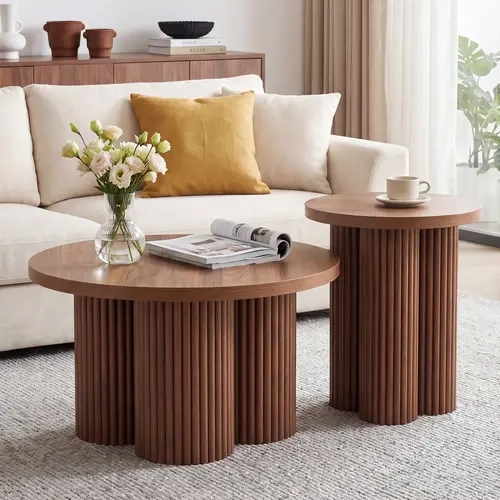 Giratree Nesting Coffee Tables Set of 2, Fluted Nesting Tables for Living Room, Multifunctional Round Coffee Table and Side Table Set Wooden Center Tables Small Coffee Table for Small Spaces Balcony