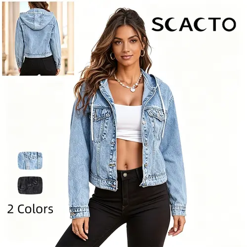 Scacto Women's Collared Hooded Jean Denim Jacket - Casual Regular Fit Plain Cotton-Polyester Blend Long Sleeve Women's Clothing Outerwear, 2XL Jackets