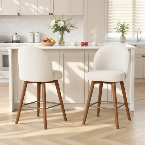 Modern Swivel Bar Stools Set of 2, Chic Upholstered Counter Height（26IN） Bar Chair with Back, Solid Wood Legs and Footrest, Comfortable Chenille Bar Stool for Kitchen Island,