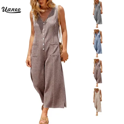 UANEO Women's Cotton Plaid Jumpsuits Button Down Sleeveless Wide Leg Checkered V Neck Gingham Overalls Adjustable Waist Back Tie Loose Fit Rompers with Pockets Summer Fall Casual Womenswear