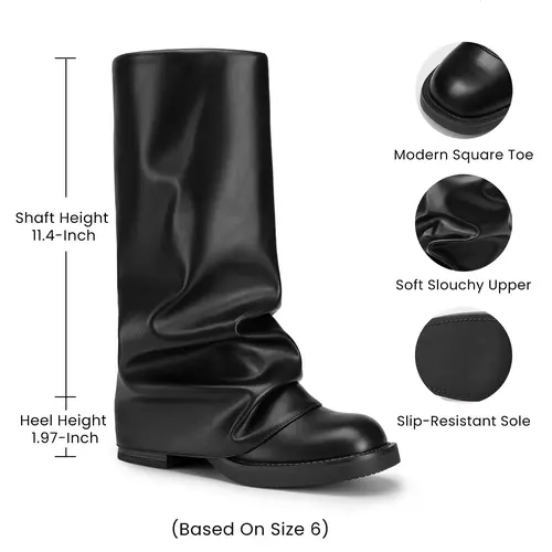 Athlefit Women's Soft Slouchy Upper Retro Casual Slip-On Pull-On Boots - Wide Calf, Square Toe, Platform Cushion, Shock Resistant, Chunky Low Heel (1-3 cm), Leather & Rubber Mid-Calf Footwear, All Seasons