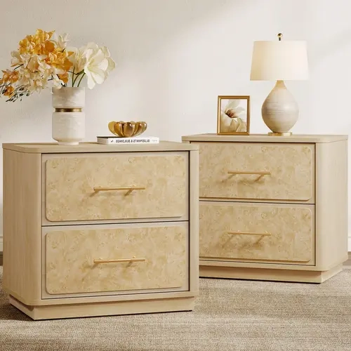 SICOTAS 2-Piece Burl Wood Grain Nightstand End Table Combo - 15.5"d x 24.8"w x 22.8"h Modern Bedroom Furniture, 2 Deep 5.8" Drawers, Rounded Edges, Scratch-Proof Coat, 55 lbs Top Capacity, Assembly Required