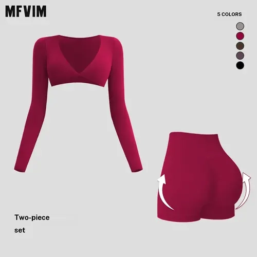 MFVIM Women’s European & American Style 2 Piece Gym Workout Apparel - Halter Neck Brushed Fabric Long-Sleeve Matching Set, Smooth Feel, Stylish Back Design, Ideal for Yoga, Travel Essentials, 2 Piece Sets