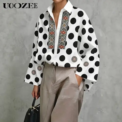 UOOZEE Women's Oversized Black and White Polka Dot Batwing Long Sleeve V-Neck Button-Up Blouse - Breathable Fade-Resistant Polyester Ethnic Print Loose Top, Plus Size, Foldable Vintage Smart Casual All Seasons Shirt, 30°C Machine Wash (Blouses for Women)