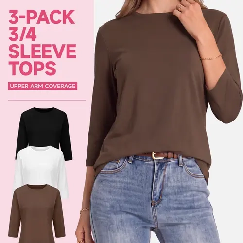 【Everyday Minimal】SHOWITTY Womens 3 Pack 3/4 Sleeve Tops Crew Neck Basic T Shirts Soft Stretch Casual Everyday Shirts