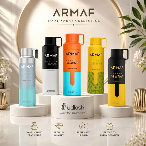 Oudlash Bundle | Armaf Odyssey | Limoni + Mandarin Sky + Homme + Mega + Aqua | Unisex Fragrance | 200ML- 6.8 | Perfume Body Spray | Lemon- Sweet Orange, Mandarin