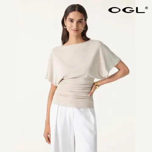 OGL Women's Boatneck Batwing Ruched Top - Stylish, Comfortable Womenswear Essential for Spring & Summer, Quiet Luxury Classy Going-Out Basic Fall Deals For You