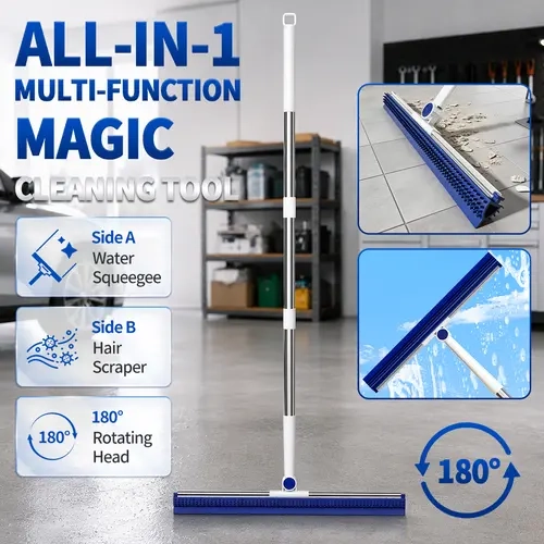 Upgraded Double-Sided Magic Broom, 180° Swiveling Head, Adjustable Stainless Steel Extendable Handle, Detachable Silicone Rubber Squeegee Wet-Dry Wiper for Indoor Floors, Surface Pet Hair & Stain Removal