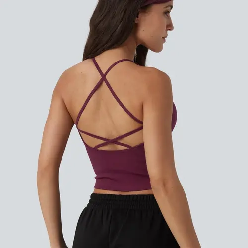 Halara OneForm Seamless Flow Crisscross Backless Deep V-neck Cropped Built-in Bra Yoga Tank Top