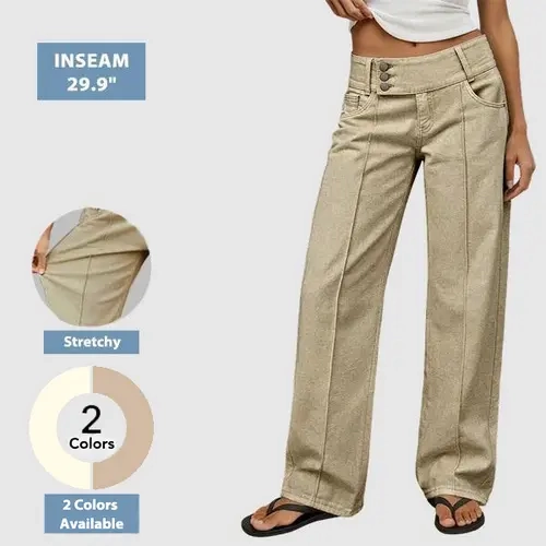 Flamingals Asymmetrical Button Fly Stitch Detail Mid Waist Straight Leg Pants Womenswear Stretchy 30.3" Inseam