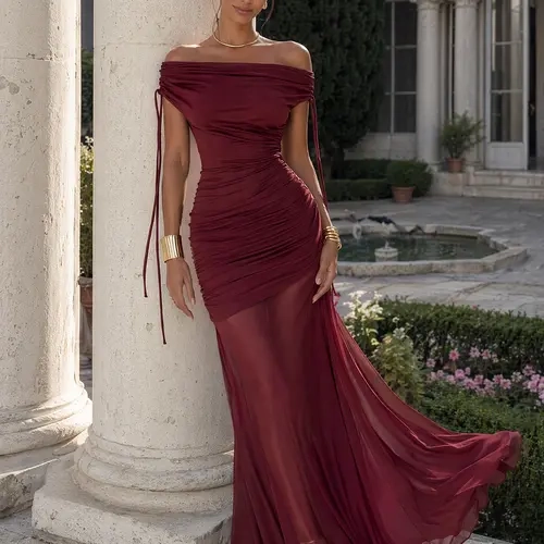CurvySweet Selene Women's Off-Shoulder Knit Evening Maxi Dress - Formal Wedding Guest Dresses, Draped Fitted Fabric, Ruched Detail, Backless Train Design, Elegant All-Season Formal Gown for Parties
