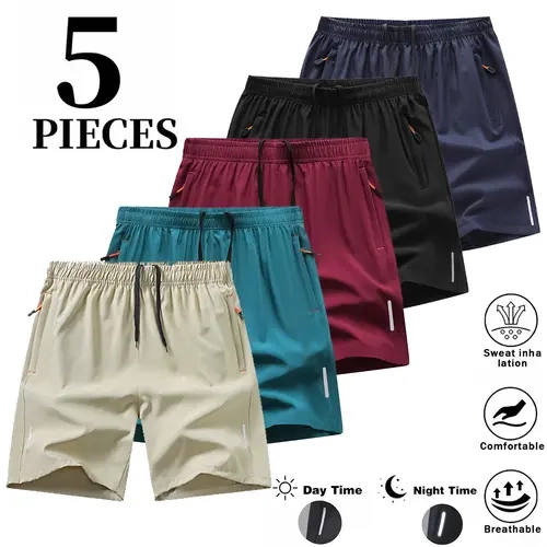 Men's Lightweight Breathable Plain 5-Pack Athleisure Sports Shorts - Dry-Fit, XL, Zip Pockets, Drawstring, Outdoor Activewear for Athletic Training, Lightweight Breathable Men's Sports Shorts