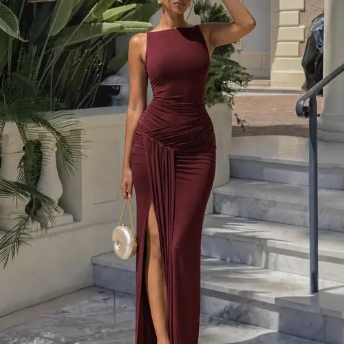 Curvysweet Kinsey Women's Knitting Formal Bodycon Gown - 80.5% Polyamide 19.5% Elastane, Polyester Blend, Sleeveless, Ruched Tummy Control, Backless, Slit, Adjustable Neckline, Flexible Lightweight, All Seasons, Wedding Guest Dress