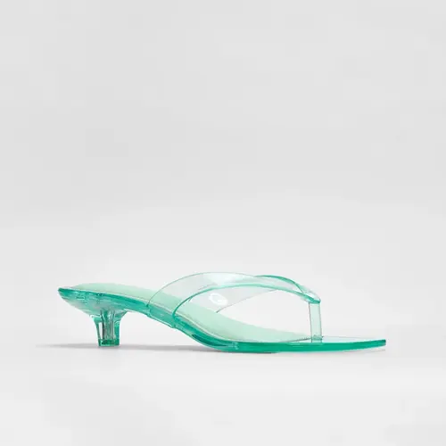 JUSTFAB Women's PVC Slip-On Thong Mules - 1.5in Mini Kitten Heels, Square Toe Jelly Footwear, Bare Foot Visual Effect, Casual Walking Shoes for Coastal Resort Sightseeing & City Shopping
