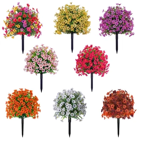 Elegant UV-Resistant Durable Artificial Violet & Yellow Flower Ground Stakes - Low-Care Faux Picks, Weatherproof Floral Bushes for Outdoor Garden, Balcony Landscape Ornaments, Patio Planters (Home Decor Floral Supplies)