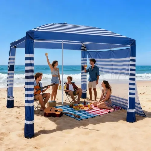 8x8 ft Portable Navy Stripes Sunshade Canopy Tent, Lightweight Camping Shelter with Roomy Interior, Side Curtains, Compartments, Strap, UPF 50+ Sun Protection, Sandbags, Adjustable Height, 1-Person Setup Saves Beach Time, Easy Install