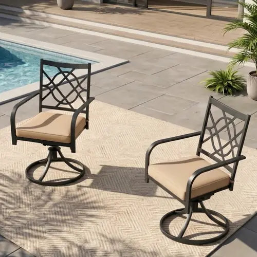 OUTROAD Single Swivel Metal Frame Patio Dining Chair - Armchair with Thick Beige Outdoor-Ready Fabric Cushion, Stable Patio Chairs for Outdoor Seating, Garden Party