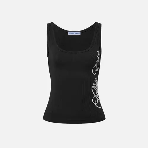Aelfric Eden Women's Nylon High-Stretch Ribbed Spandex Tank Top - Sleeveless, Slim Cropped Fit, Side Cursive Logo Print, Soft Classic U-Neck, Comfortable Casual Trending Clothes, Y2K Cute Tops for Women