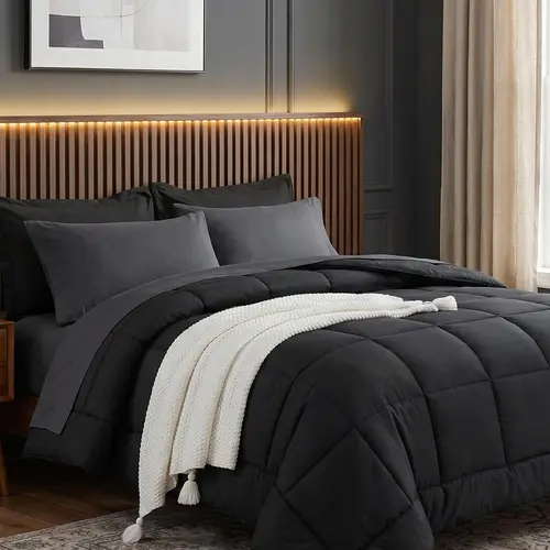 【Fall Deals for You】DOWNCOOL Queen Size Bedding Set - 7-Piece Plain Hypoallergenic Down Alternative All-Season Bedding, Flat Weave, Fits 14" Mattress, Includes Comforter, Flat Sheet, Fitted Sheet, 2 Pillow Shams, 2 Pillowcases, Soft Comfy Bedroom Items