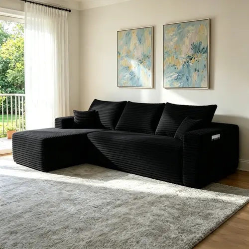 【Sub 2 packages】Niccae 104" Cloud Sectional Sofa with L-Shape Chaise and Side Pockets , Modern Modular Design, Deep Seating, Upholstered Couch for Living Room/Bedroom, No Assembly Required (Plush Fabric), Black, Left-facing,dorm essentials,home decor
