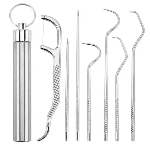 7-Piece Stainless 304 Steel Dental Cleaning Tools Multi-Pack, Portable Reusable Metal Toothpicks with Storage Tube Holder, Deep Clean Teeth Stains Plaque Remover Oral Care Kit for Travel, Daily Use