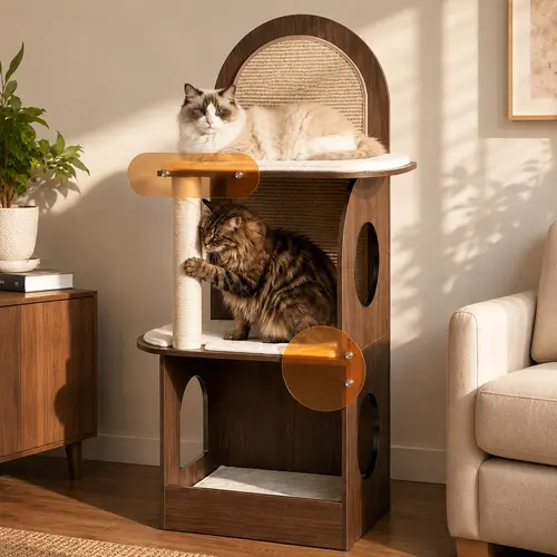 Modern Cat Tree for Indoor Cats, Wooden Cat Tower with Cozy Condo, Sisal Scratching Board, Soft Perches & Furniture-Inspired Design