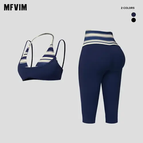 MFVIM Women’s Breathable Striped "Naked Feel" 2-Piece Gym Workout Set - Halter/V-Neck Top, High-Waisted Tummy Control 7/8 Length Leggings, Back to School Outfit, Gym Workout Sets, Sport Set
