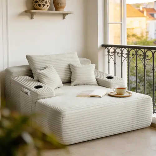 Niccae Sturdy 1-Seat Oversized 2-in-1 Convertible Chaise Lounge Couch for Living Room - Durable Corduroy, Plush Foam-Spring-Pad Support, Fixed Arms, Striped Throw Pillows, Cup-Holder Ease, Boneless Couch Sleeper, Fully Assembled, Beige Modern Indoor Sofa