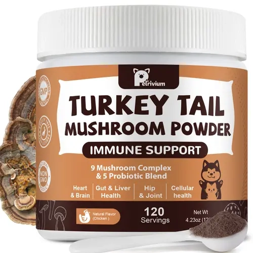 Petrivium Canine Nutritional Supplement - 9 Mushroom Powd. + 5 Probiotics Turkey Tail Powder for Dogs (Any Age), 1 Jar, Skin & Gut Support, Healthy Skin, Immune Boost & Lumps/Bumps Partner Guard, Cool Dry Storage Recommended