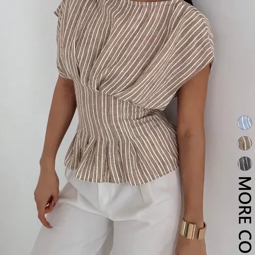 Women's Striped Peplum Hem Blouse, Boat Neck Batwing Sleeve Top, Casual Waist-Cinched Top, Shirts