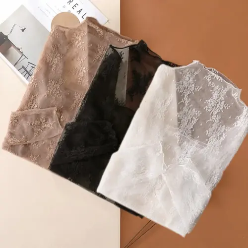 Women's 1/3/5pcs(Black+White+Coffee) Sheer Lace Floral Embroidery Long Sleeve Mock Neck Blouse - Long Sleeve Tops Women, Feminine All Seasons Sports & Outdoor Camping Essentials