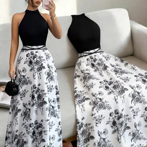 Women's French-Inspired Summer Dress, Black-and-White Floral Sleeveless Dress with Patchwork Design & Fitted High Waist for Parties, Elegance
