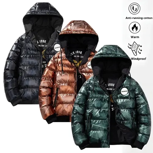 Men's Winter Casual Fashionable Glossy Shiny Jacket - Thick, Oversize, Loose-Fit Longsleeve, 2-Way Wear, Detachable Hood, Baseball Collar, Stylish Sporty Soft Pull-On Top Coat