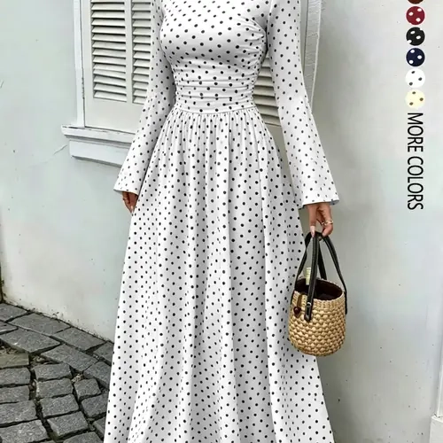 Women's Polka-Dot Fitted Long-Sleeve Maxi Dress with Flared Sleeves and Ruched Waist, Casual Dress for Daily Wear, Dates and Commuting, Everyday, Casual Chic Dress