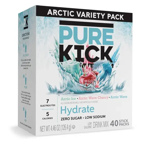 Pure Kick Sugar-Free Hydration Powder Drink Sticks - 40-Stick Arctic Ice Variety Pack with Cherry, Vitamin C, Chromium Picolinate, Zinc Gluconate, Acesulfame Potassium, Aspartame, Low Calories, Mix in Seconds, Gym-Bag Ready, Travel-Kit Fit, 0 Sugar Sip