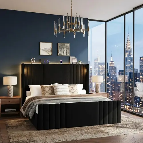 Belffin Queen/King Channel Tufted Velvet Upholstered Wingback Bedroom Bedframe - 55" Tall Stable Furniture, 2 LED Reading Lights, 20.1" Headboard Footboard, 2 Side Pockets, Storage Shelf, Charging Station, Modern Home Decor [tiktokshopbacktoschool]